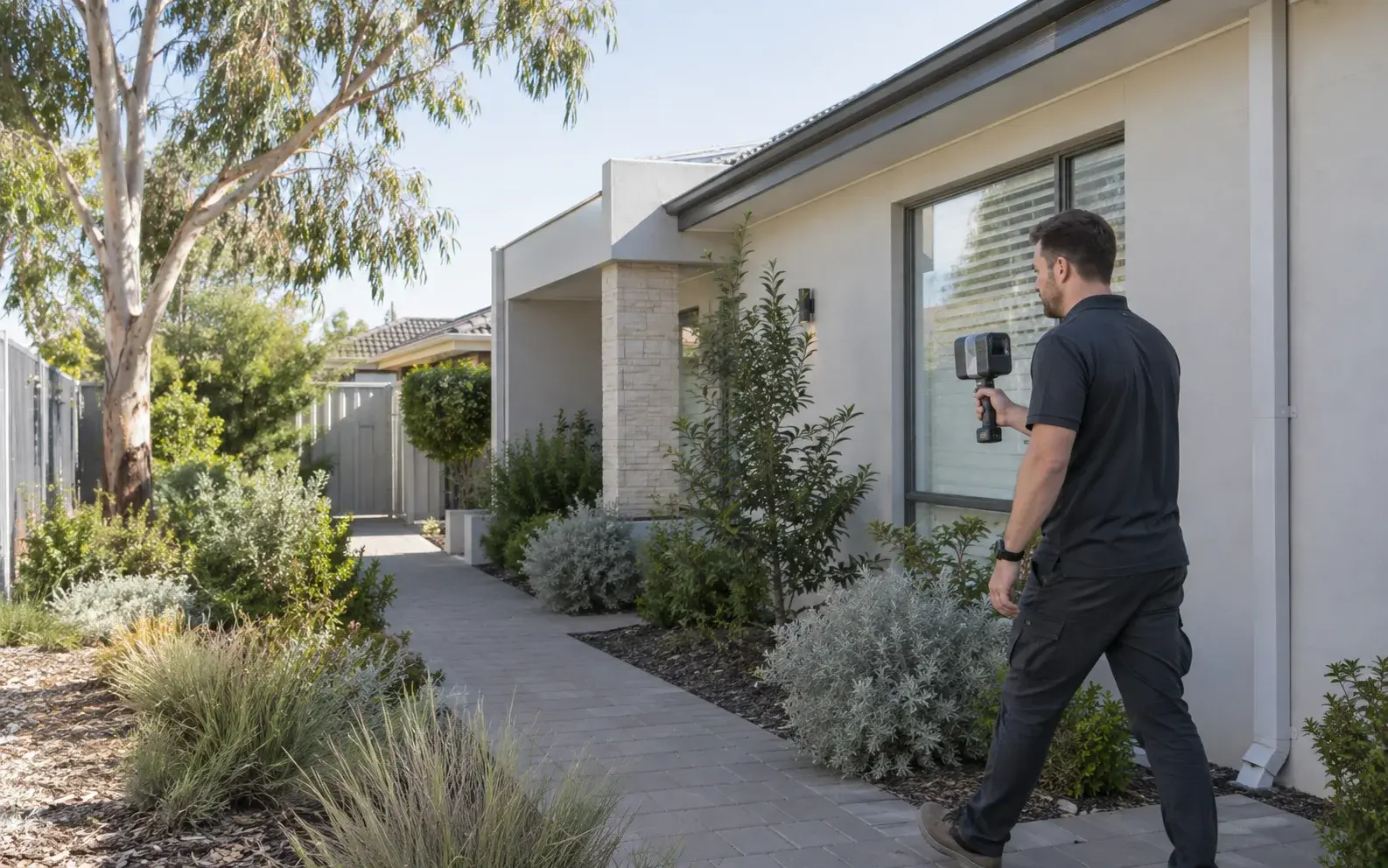 Technician using a handheld LiDAR scanner beside a Perth home